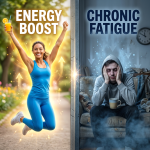Happy woman jumping energetically with juice contrasted with tired man sitting with head in hands