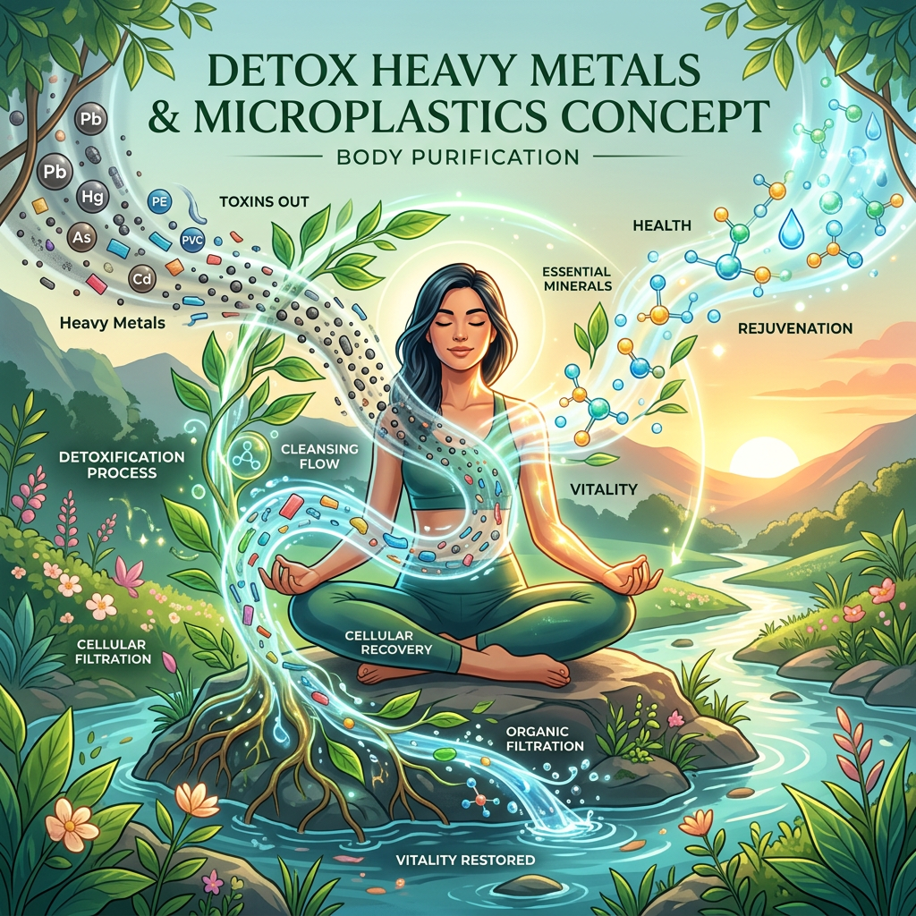 Meditating woman surrounded by visual flow of toxins leaving and essential minerals entering body