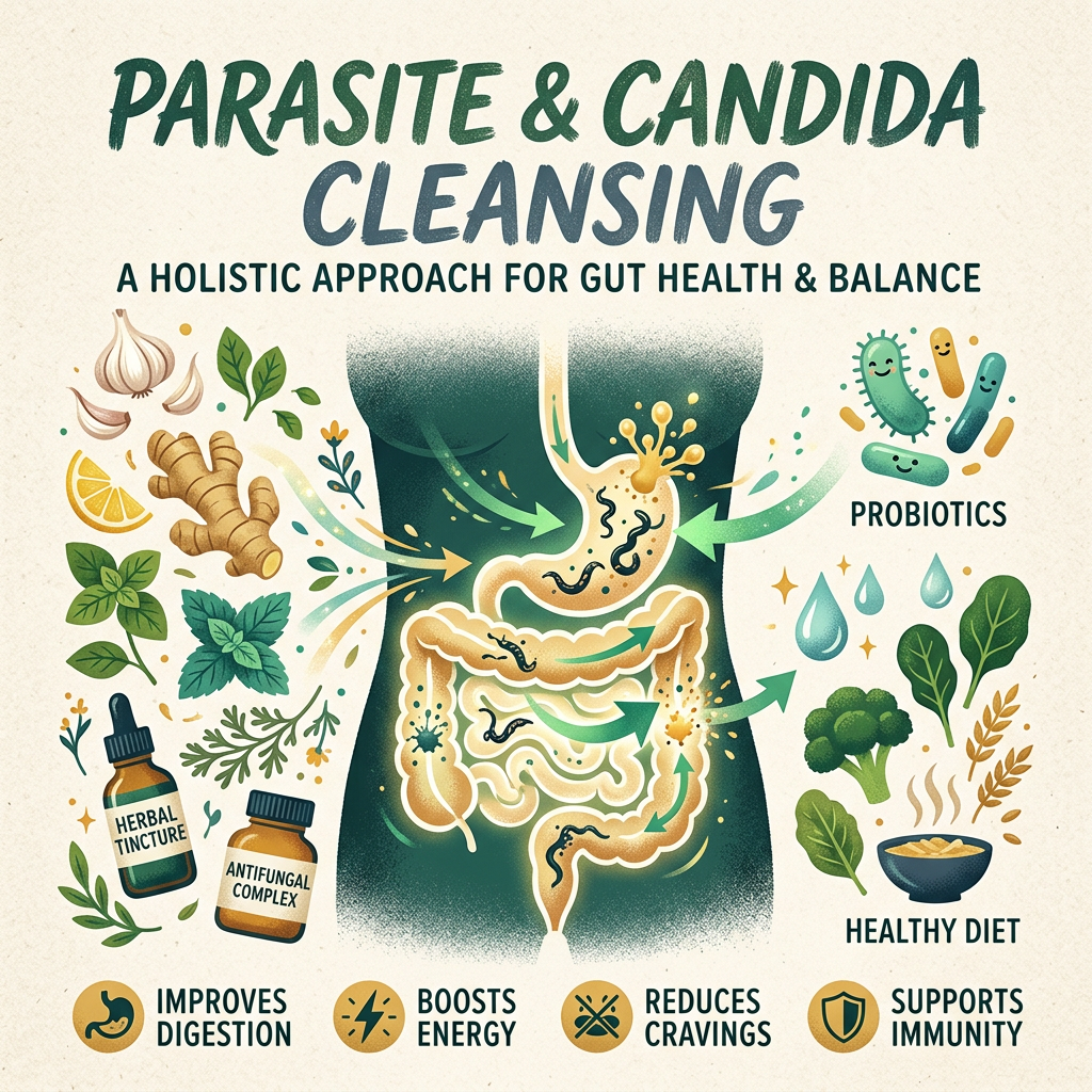 Diagram showing parasite and candida cleansing with herbal tincture, antifungal complex, probiotics, and healthy diet to improve digestion, boost energy, reduce cravings, and support immunity.