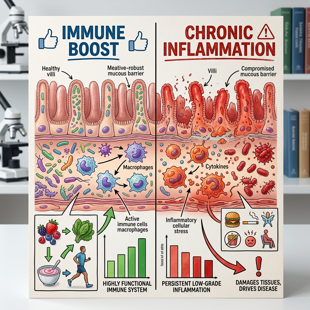 Side-by-side comparison of healthy intestinal villi with active immune cells versus inflamed villi with cellular stress and bacteria