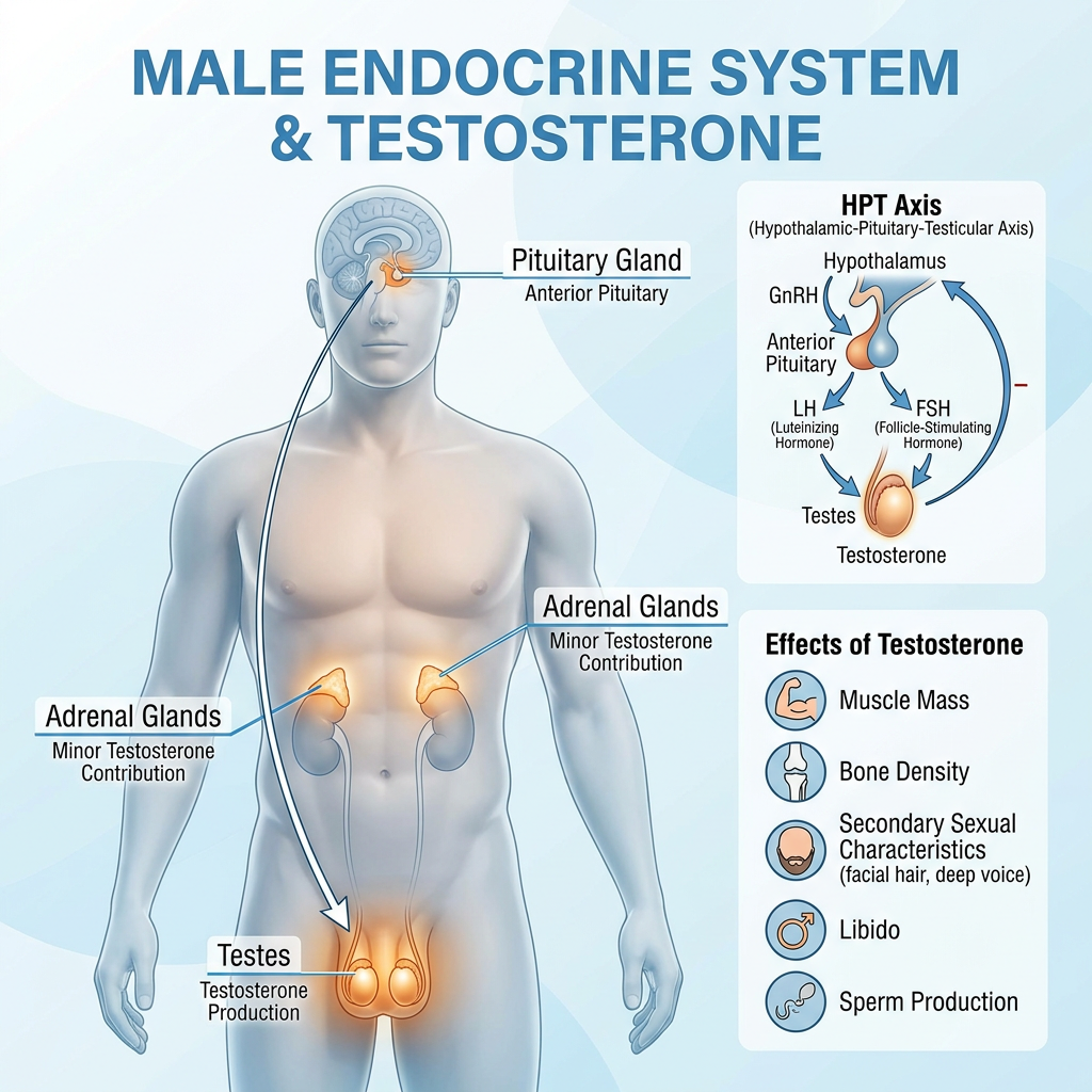 Male endocrine system showing pituitary gland, adrenal glands, testes, and testosterone effects